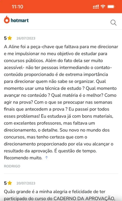 Captura de tela de depoimento real de aluno aprovado pelo Método Elite